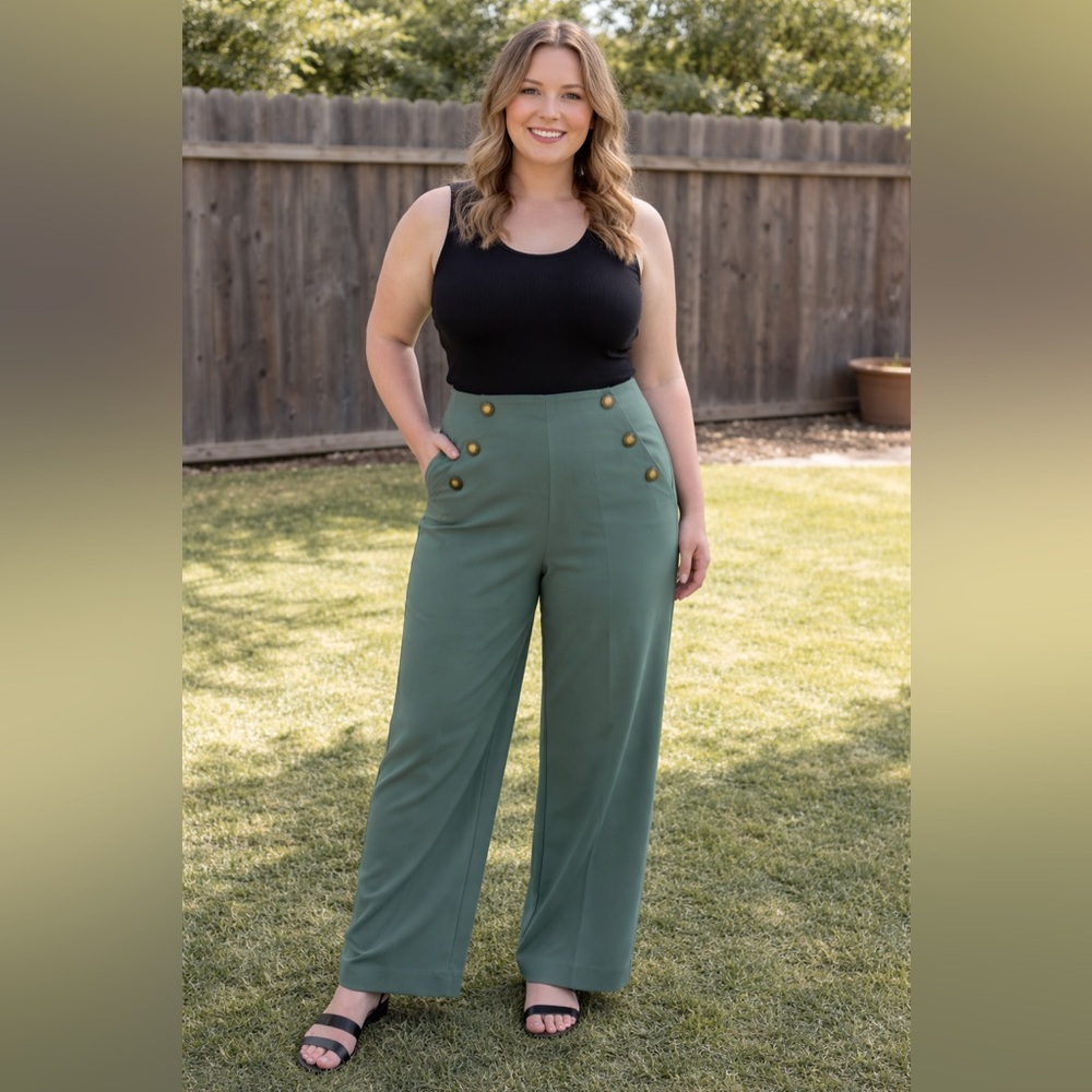 Size L - High-Waist Wide Leg Pants with Button Detail